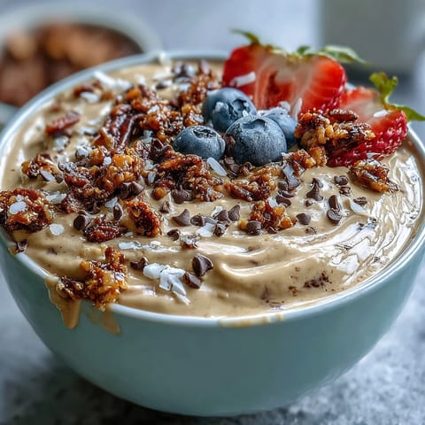 Kremige Smoothie-Bowl mit Vanille-Bohnen-Geschmack und knusprigem Granola, verziert mit frischen Beeren und Schokoladenstückchen.