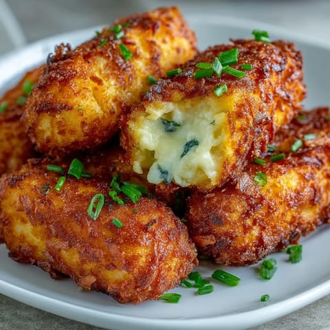 Knusprige, käsige Kartoffel-Kroketten im Airfryer, goldbraun und mit Cheddar überbacken für ein herzhaftes Beilagensnack.