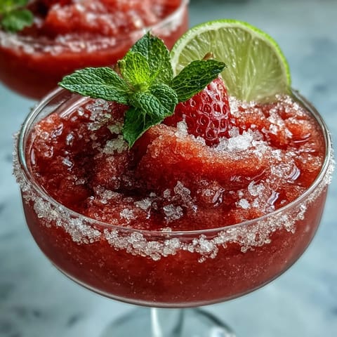 Frische gefrorene Erdbeeren in einem alkoholfreien Daiquiri-Mocktail mit Limettensirup-Rand.  