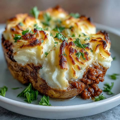 1. Eine goldbraune, cremige Shepherds Pie gefüllte Ofenkartoffel mit würzigem Hackfleisch und Gemüse, perfekt für ein herzhaftes Abendessen.