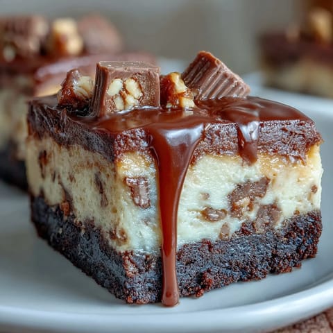 Erdnussbutter-Käsekuchenriegel mit cremiger Füllung und Schokoladen-Erdnussbutter-Cups, dekoriert mit geschmolzener Erdnussbutter.