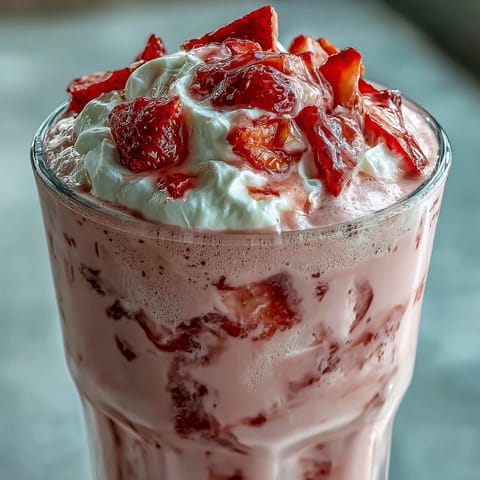 1. Cremiger Erdbeer-Shortcake-Protein-Smoothie mit frischen Beeren, cremigem Joghurt und Vanille-Proteinpulver für einen nahrhaften Start in den Tag.