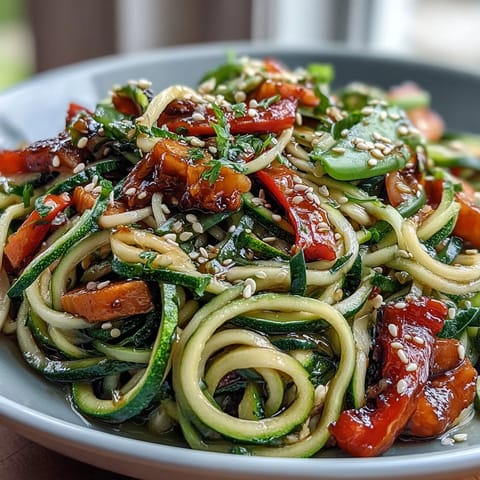 Ein farbenfroher Zucchininudel-Stir-Fry mit knackigem Gemüse und einer leichten, aromatischen Sauce für eine gesunde Mahlzeit.