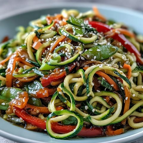 Zarte Zucchininudeln mit roten Paprika, Karotten und Zuckerschoten in einer würzigen, asiatisch inspirierten Sauce.