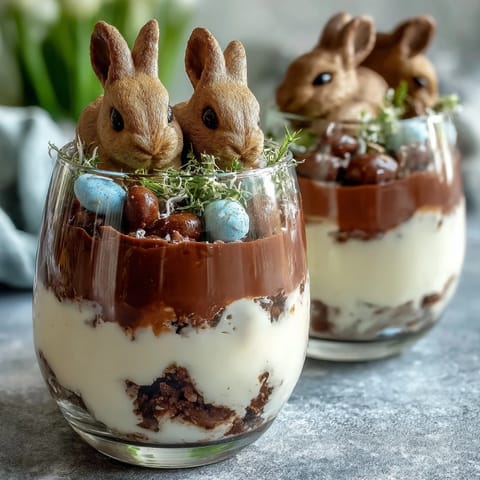1. Verspielte Oster-Hasen-Dreckbecher mit Schokoladenpudding, Kekskrümeln und niedlichen Marshmallow-Hasen, perfekt für Kinder.