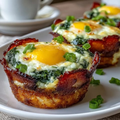Grüne Eier und Schinken-Frühstückstassen mit cremigem Spinat und geschmolzenem Käse, perfekt für Kinder und Erwachsene.
