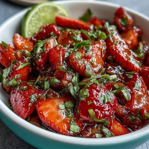 Frische Erdbeer-Salsa mit Limette und Jalapeño auf einem weißen Teller, mit bunten Früchten und grünen Kräutern.  