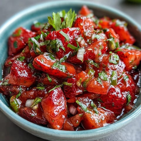 Bunter Teller mit Erdbeer-Salsa, Limettensaft und Jalapeño für eine erfrischende Beilage oder Dip.  