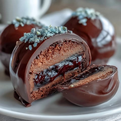 Dubai-Style Erdbeertrüffel mit dunkler Schokoladenschale, luxuriös und dekadent mit glänzender Hülle und feiner Gewürznote.