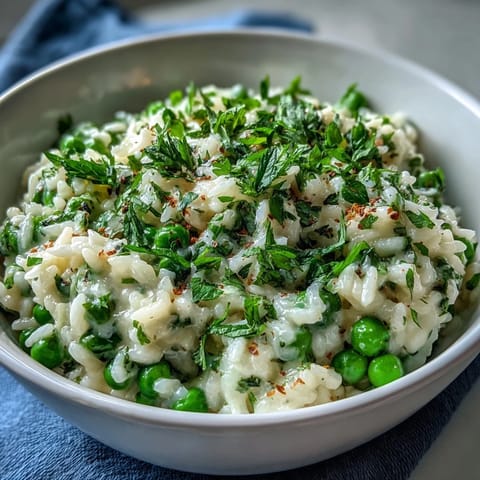 Frischer, cremiger Erbsen-Minze-Risotto mit Parmesan, garniert mit Minzblättern und Zitronenzesten.