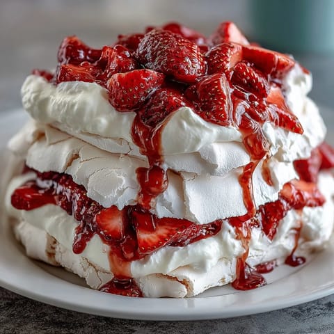 Erdbeer-Pavlova mit geschlagener Sahne: Knusprige Baiser-Basis mit cremiger Sahne und frischen Beeren belegt.