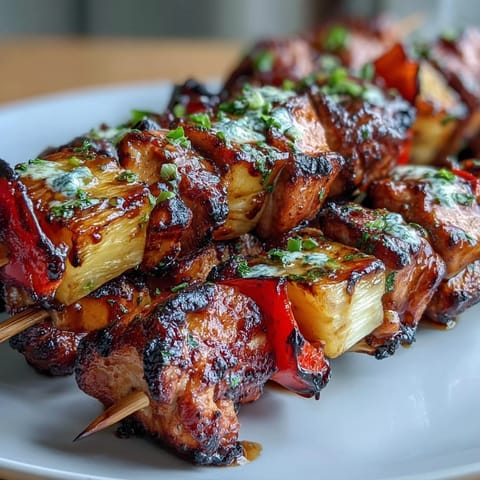 1. Grilled Pineapple Chicken Skewers mit saftigem Hühnchen und karamellisierter Ananas, perfekt für sommerliche Grillabende.  