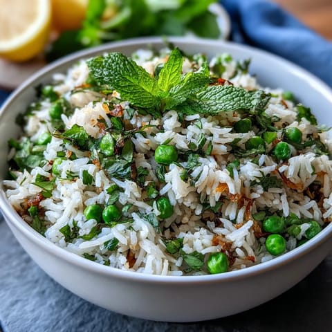 Spring Pea and Mint Rice Pilaf mit frischen Erbsen und Minze in einer weißen Schüssel, mit einem Hauch von Zitronenschale und grünen Kräutern garniert.