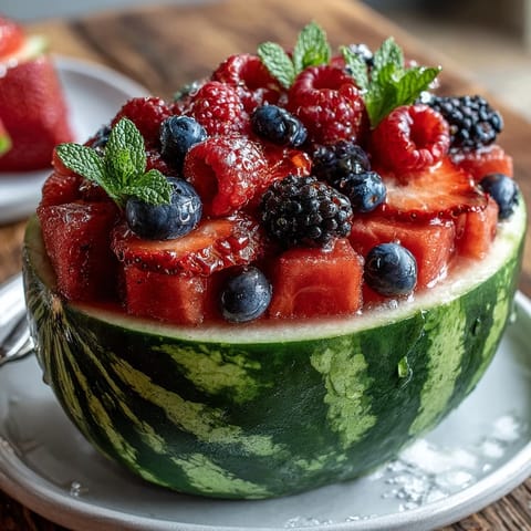 Wassermelonen-Schnitztafel mit Beeren: leuchtend rote Wassermelone, gefüllt mit frischen Beeren und Minze, perfekt für Sommerpartys.