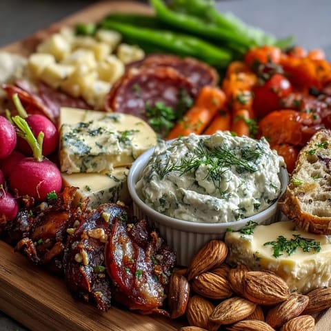 Frischer Frühlings-Charcuterie-Board mit Radieschen, Erbsen und Kräuter-Dip, perfekt für leichte Zusammenkünfte.
