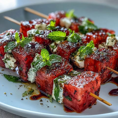 Saftige Wassermelone, cremiger Feta und frische Minze auf Spießen für einen erfrischenden Sommergenuss.