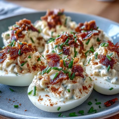 Klassische Deviled Eggs mit knusprigem Speck und cremigem Ranch-Dip, perfekt für Brunch oder Partys.