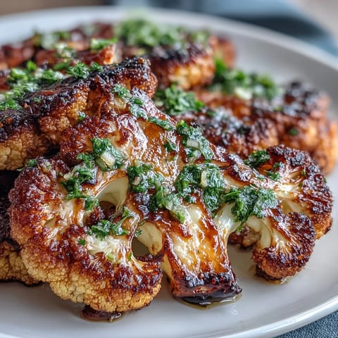 Rauchige gegrillte Blumenkohlsteaks mit frischer Kräuter-Chimichurri-Sauce, perfekt für vegane Hauptgerichte.  