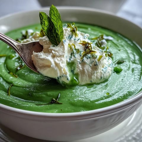 Eine leuchtend grüne Erbsensuppe mit luftigem Ricotta und frischem Minzöl.