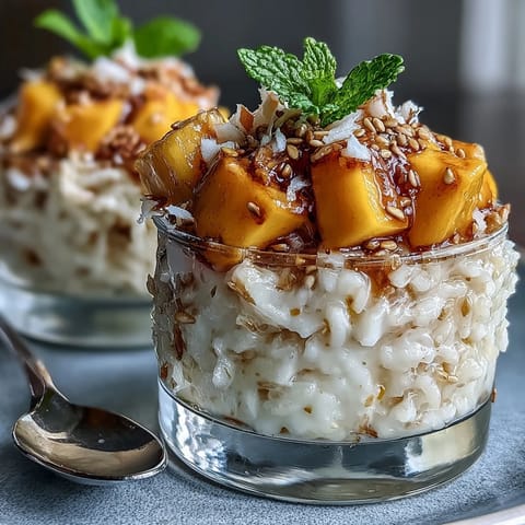 Süße Kokos-Mango-Klebreisbecher, ein fruchtig-tropisches Dessert mit Kokosglasiertem Reis.
