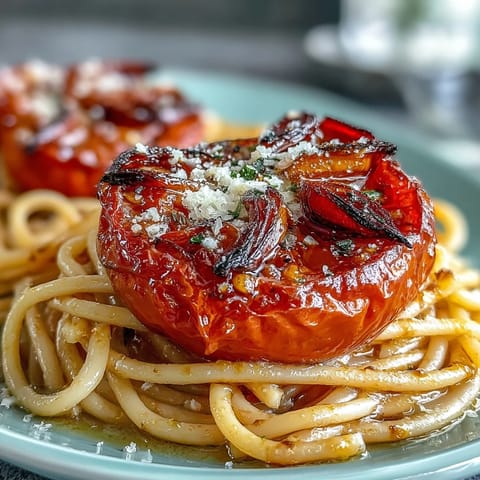 Hausgemachte Kirschtomaten-Confit-Pasta mit aromatischem Knoblauchöl und Basilikum.