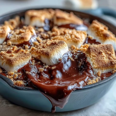 Ofenfrischer 3-Zutaten-S'mores-Dip mit geschmolzener Schokolade und Marshmallows.