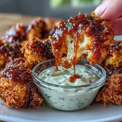 Knusprige vegane BBQ-Blumenkohlflügel mit cremiger Ranch zum Dippen.