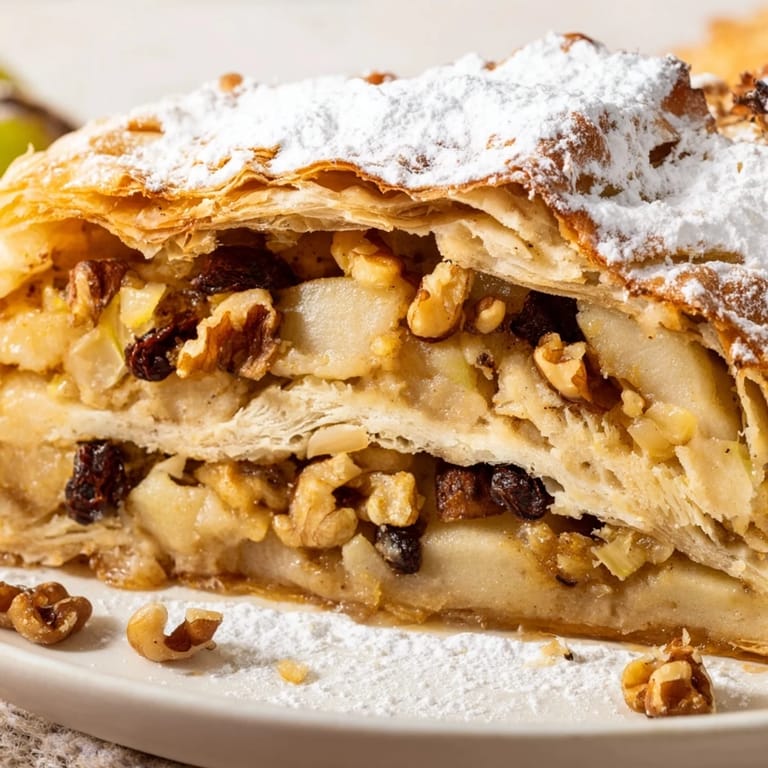 Zarter, knuspriger deutscher Apfelstrudel gefüllt mit aromatischen, gewürzten Äpfeln