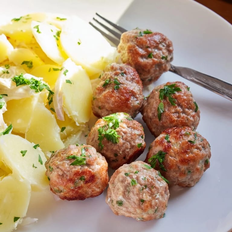 Klassische Fleischbällchen mit zarter Kartoffelsalat, ideal für entspannte Zusammenkünfte.  