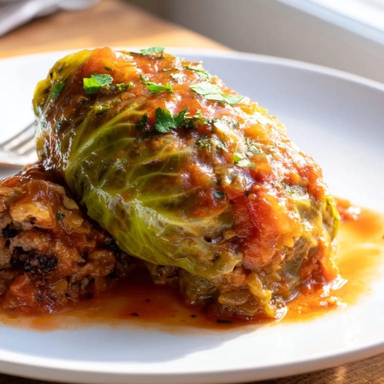 Hausgemachte Kohlrouladen, perfekt serviert mit frischer Petersilie und Sauerrahm.  