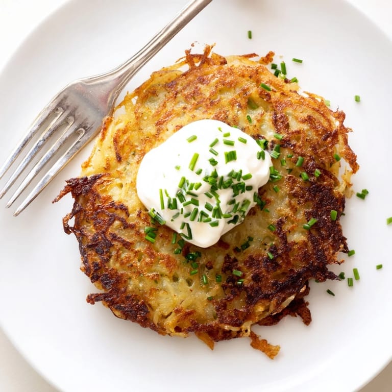 Goldbraune Kartoffelpuffer mit zartem Inneren und frischer Sour Cream für perfekten Genuss.