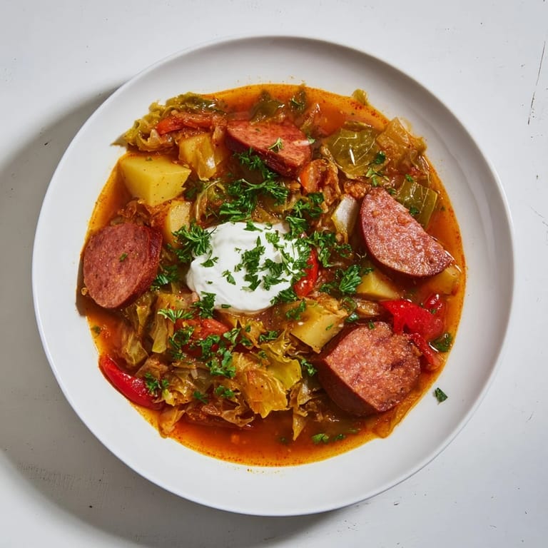 Smoky sliced sausage and cabbage simmer in the flavorful Effortless Sausage and Cabbage Stew, delicious!