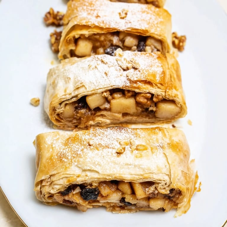 Close-up of warm, cinnamon-spiced Oven-Baked Apple Strudel Rolls, a comforting dessert perfect for autumn.