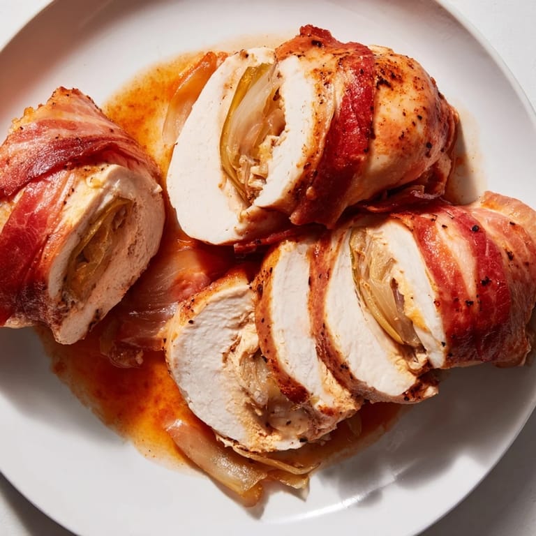 Freshly baked Quick Chicken Rouladen Rolls, showcasing their savory filling and tempting crispy bacon exterior.