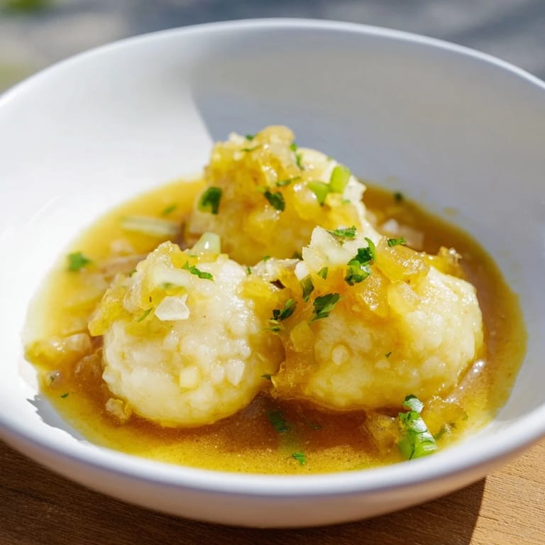 A close-up of fluffy Curry Comfort Potato Dumplings arranged with a rich curry sauce, ready to eat.