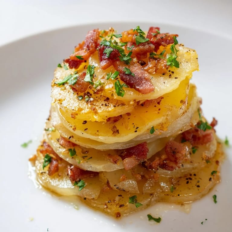 Close-up of Simple Fried Potatoes with Onions & Bacon: fried potatoes, bacon, and onions glistening.