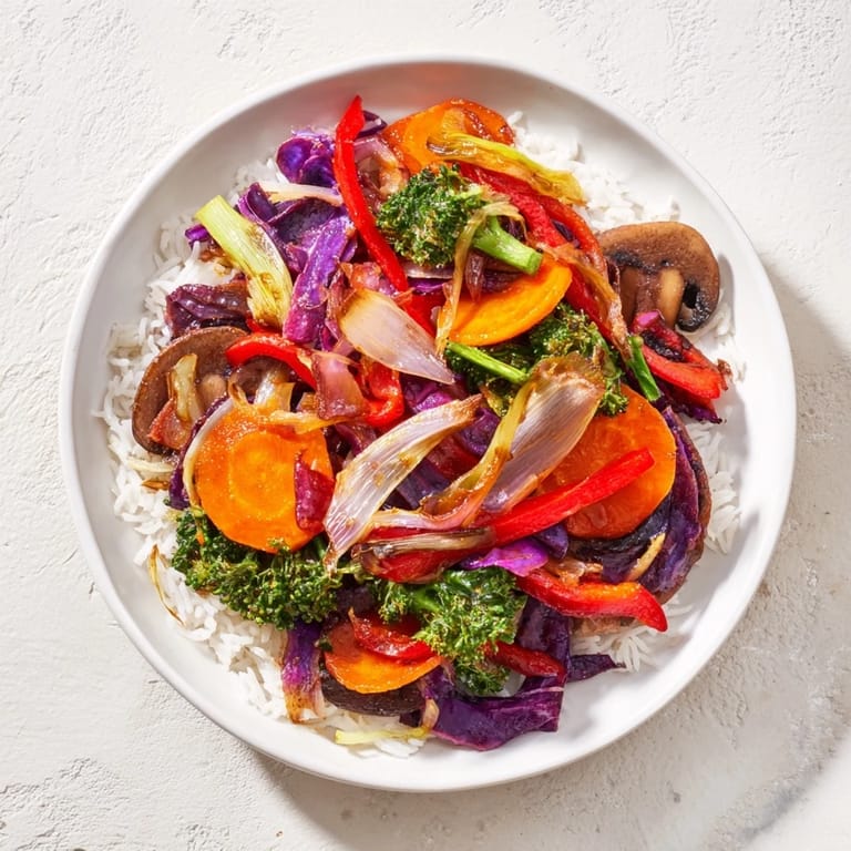 Close-up of a Quick Winter Vegetable Stir-Fry with Rice, showcasing fresh, crisp vegetables over fluffy white rice.