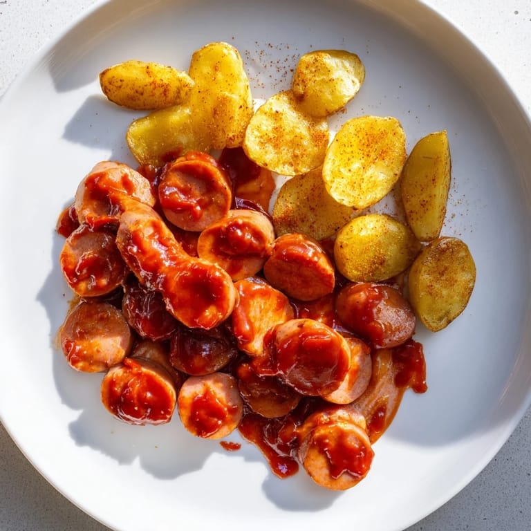 Perfectly fried fries served next to sizzling Currywurst, coated in a rich, savory sauce.