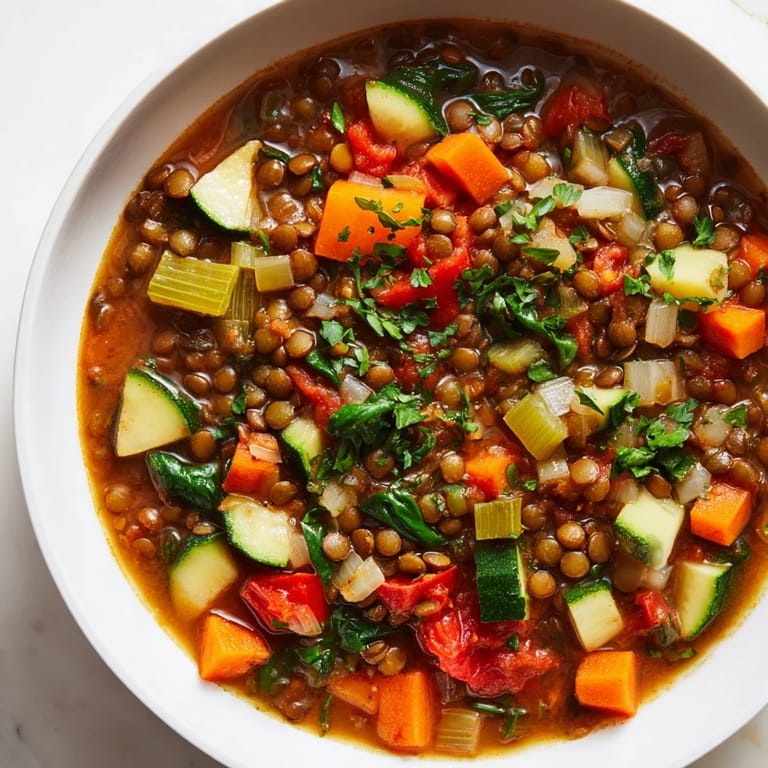 Close-up of a richly textured One-Pot Lentil & Vegetable Stew, ready to be served with fresh parsley garnish.