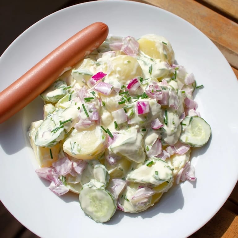 Tender potatoes in tangy sauce with grilled sausages, perfect for family dinners.