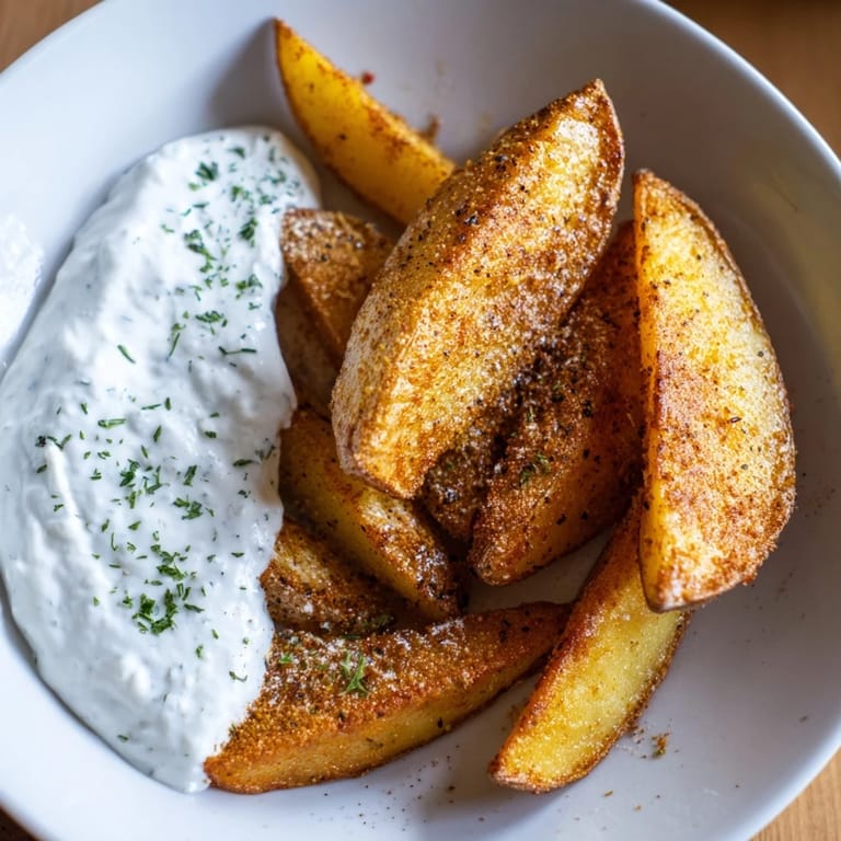 Delicious oven-baked potatoes with a golden crust and a cool, creamy herb quark, ready to eat.