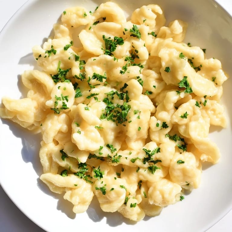 Freshly made spaetzle with a dusting of parsley, offering a simple yet comforting flavor.