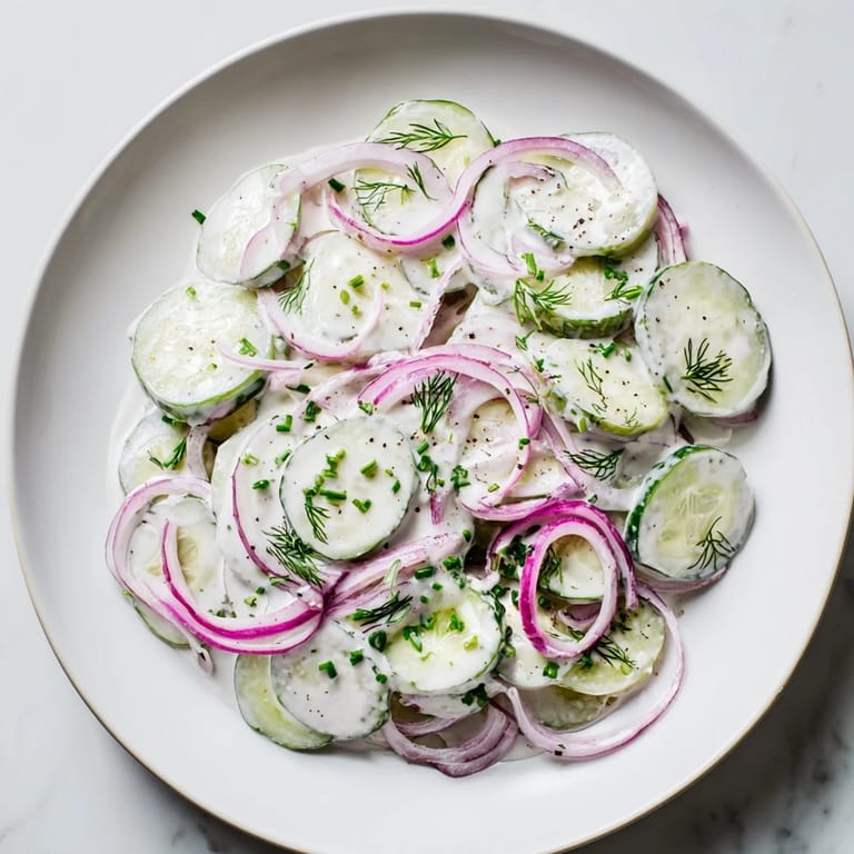 Bright, flavorful Creamy German Cucumber Salad in a bowl, showcasing fresh cucumbers, dill, and onions.