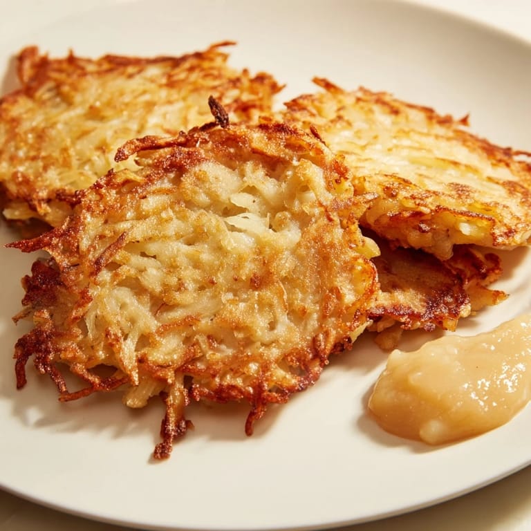 Crispy German potato pancakes, pan-fried to perfection, are served warm with applesauce.