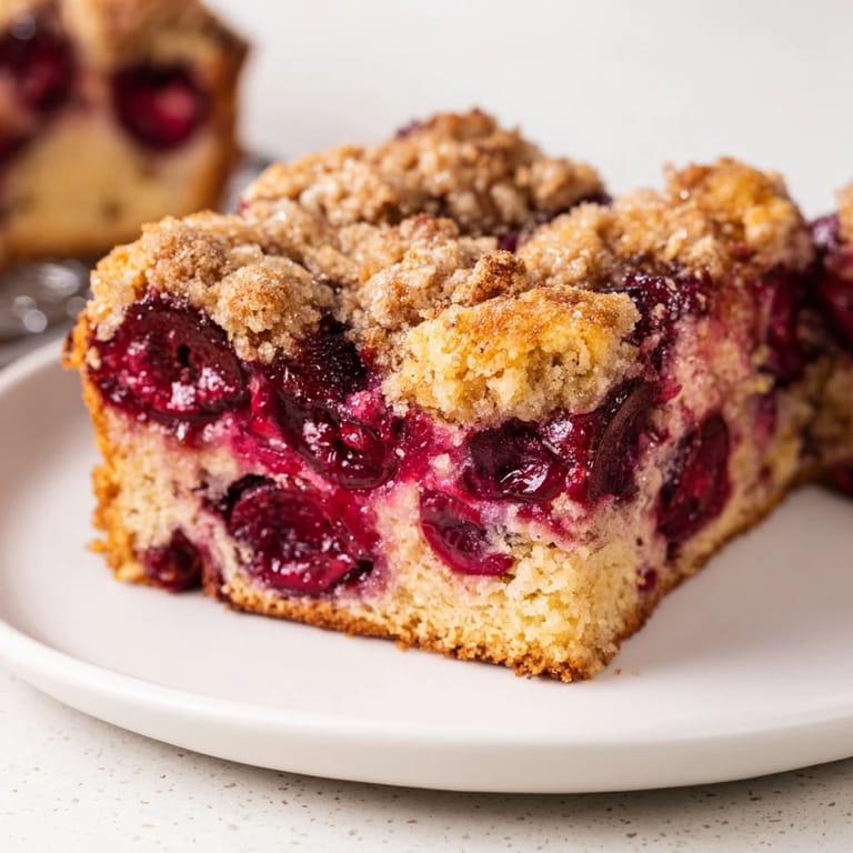 Moist German Cherry Coffee Cake slice revealing tart cherry filling, ready to serve with coffee.