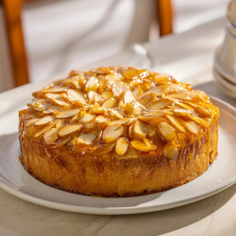 A close-up of a freshly baked Bee Sting Cake showcasing the golden caramelized almonds.