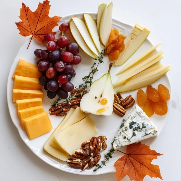 An autumn-themed Leaf Cheese Platter beautifully arranged with pears, apples, and honey for a savory snack.