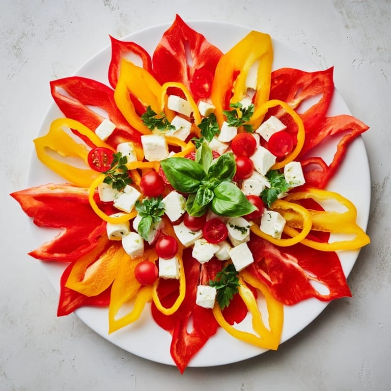 Bright red Festive Poinsettia Platter featuring bell peppers, tomatoes, and mozzarella arranged beautifully.