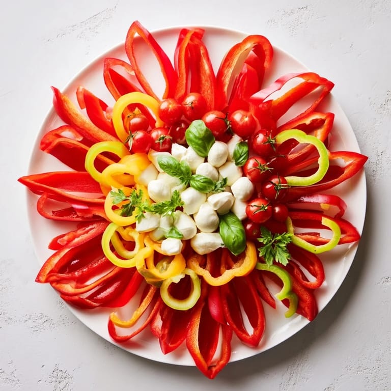 This healthy Festive Poinsettia Platter showcases red and yellow peppers, a fresh holiday appetizer.