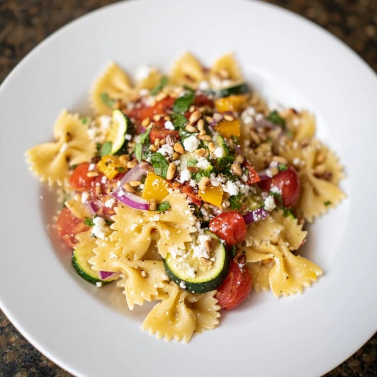A beautiful close-up of Festive Bow Tie Pasta Platter, a visually appealing vegetarian Italian dish.